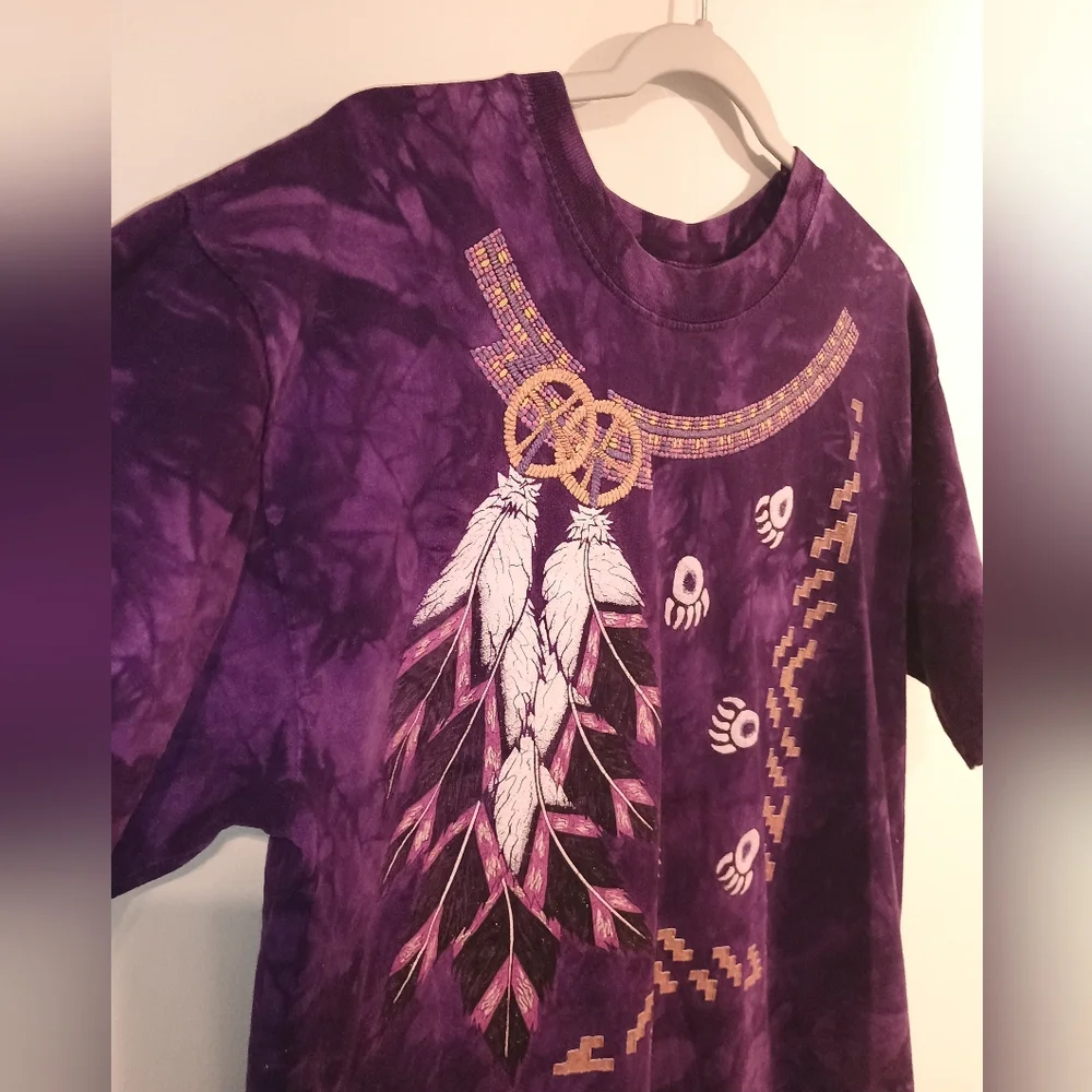 Vintage 90s Purple Tie-Dye Feather Graphic Tee - Picture 2 of 5